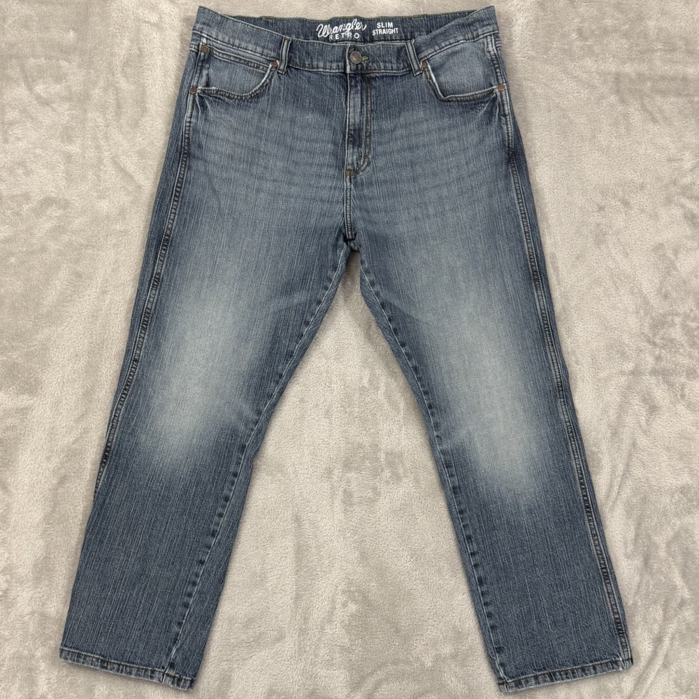 Wrangler Retro Jeans Mens 38x30 Slim Straight Western Distressed Faded Whiskered